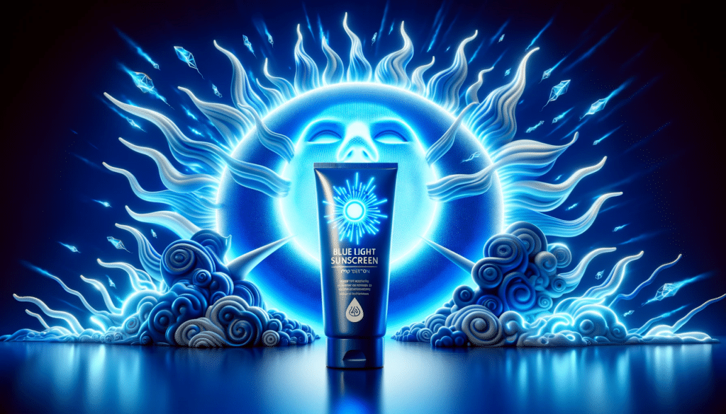 A tube of blue light sunscreen, emitting a shield of luminescent blue light, against the backdrop of a sun emitting harmful blue rays.