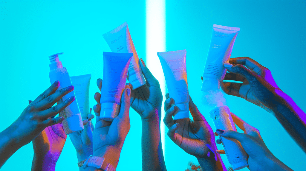 Diverse hands holding different brands of blue light sunscreen, under a digitally created blue light beam, with a checklist icon visible in the background.