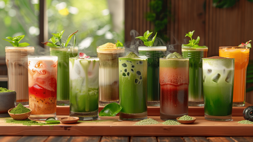 A display of colorful matcha drinks with a variety of vibrant green colors and earthy flavors