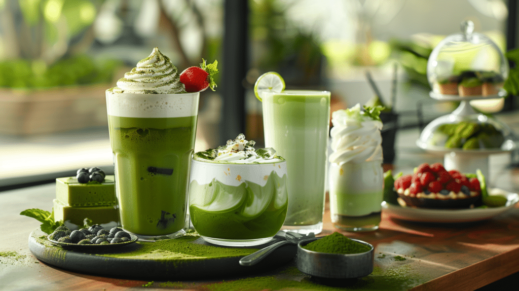 A display of colorful matcha drinks and deserts with a variety of vibrant green colors and earthy flavors