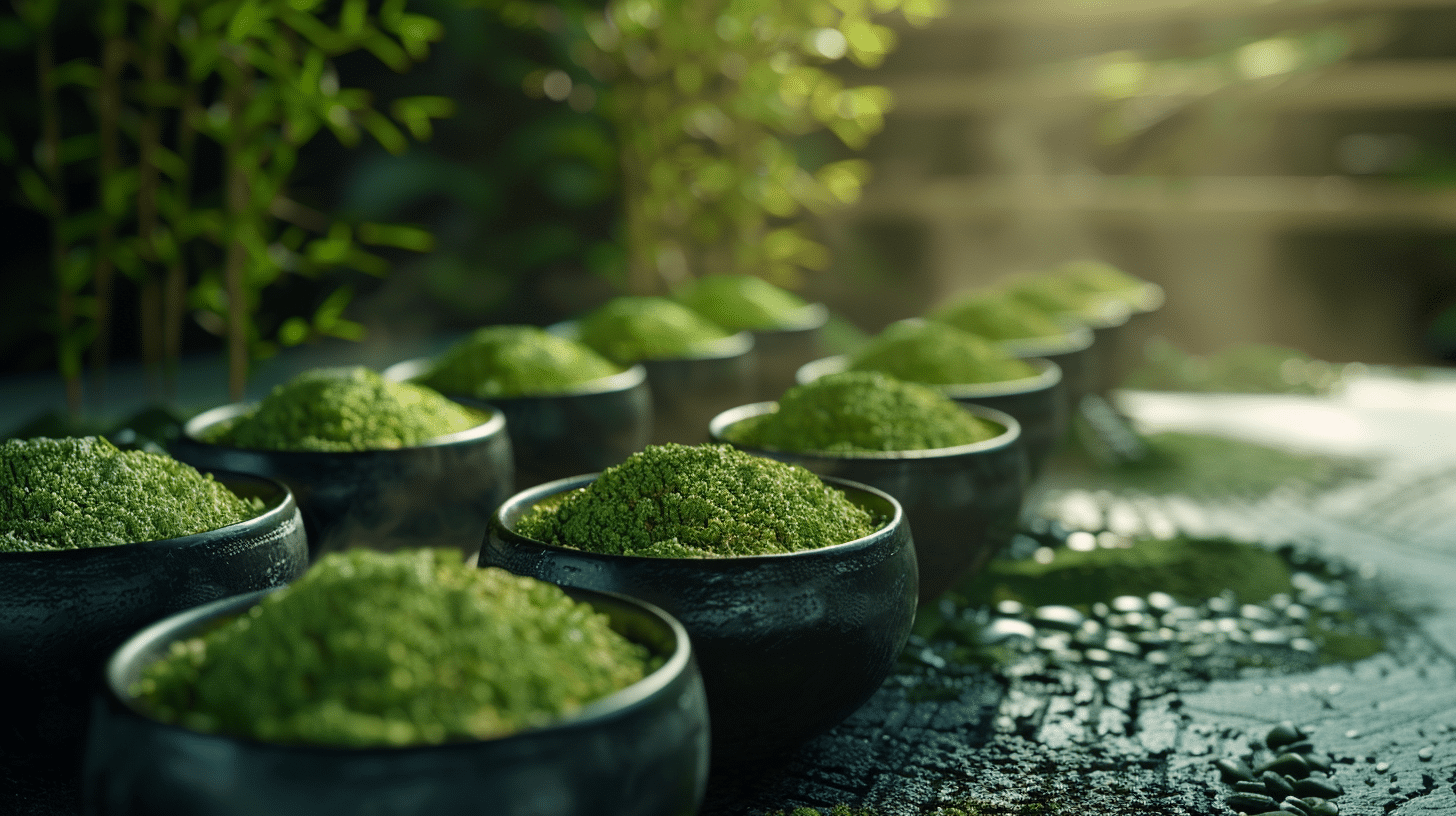 two rows of green bowls containing matcha green tea powder.