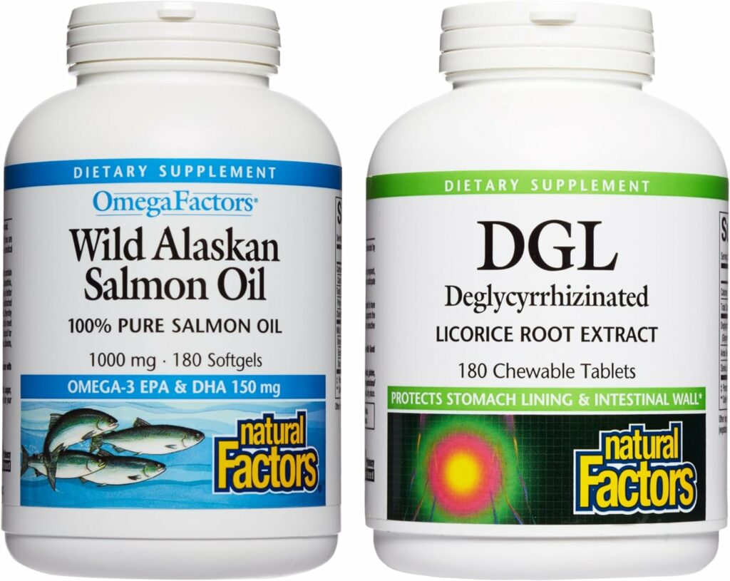 Natural Factors, Wild Alaskan Salmon Oil 1000 mg (180 Softgels)  DGL 400 mg Chewable (180 Tablets), for Healthy Brain and Bone