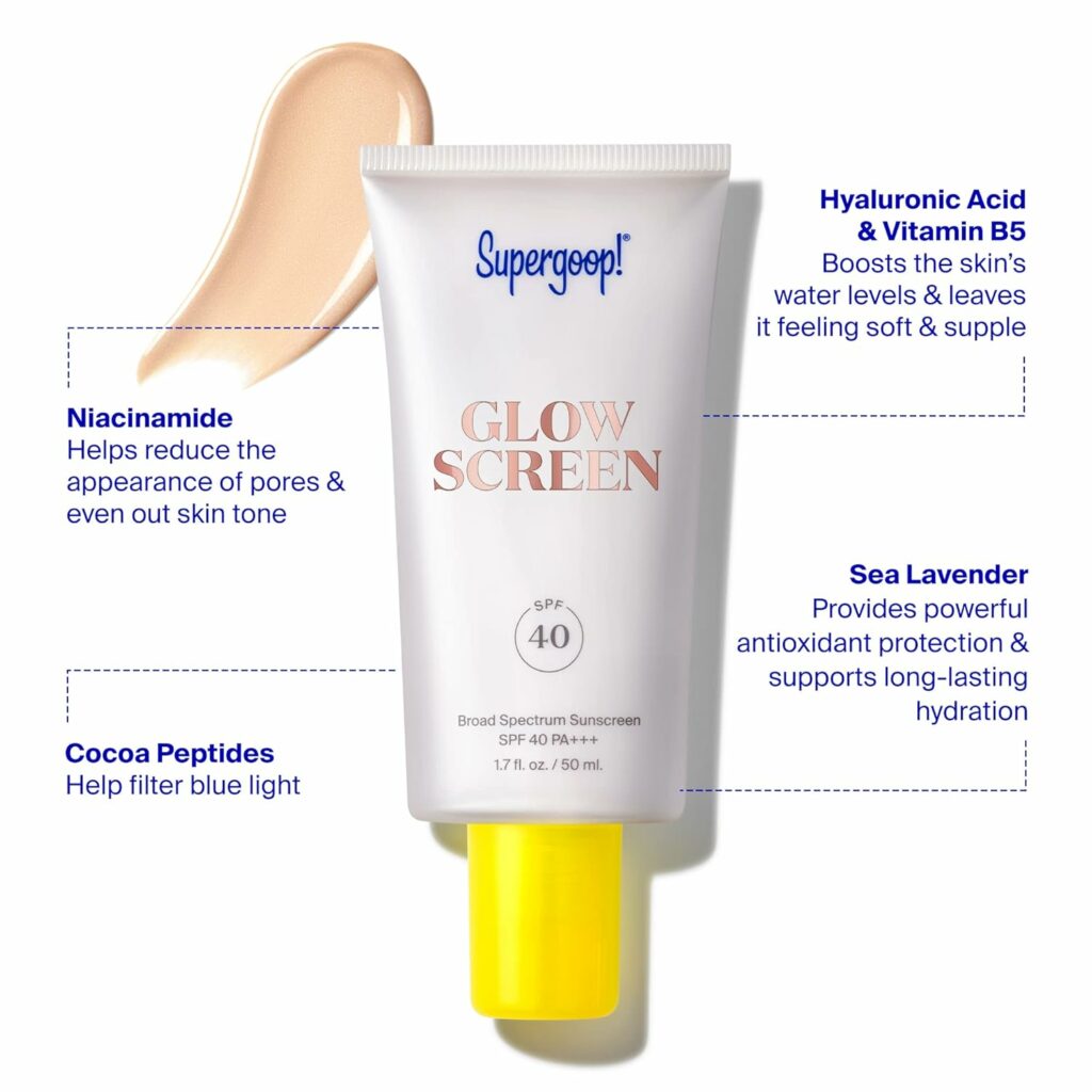 Supergoop! Glowscreen (SPF 40) - 2.5 fl oz - Glowy Primer + Broad Spectrum Sunscreen - Adds Instant Glow - Helps Filter Blue Light - Boosts Hydration with Hyaluronic Acid, Vitamin B5  Niacinamide