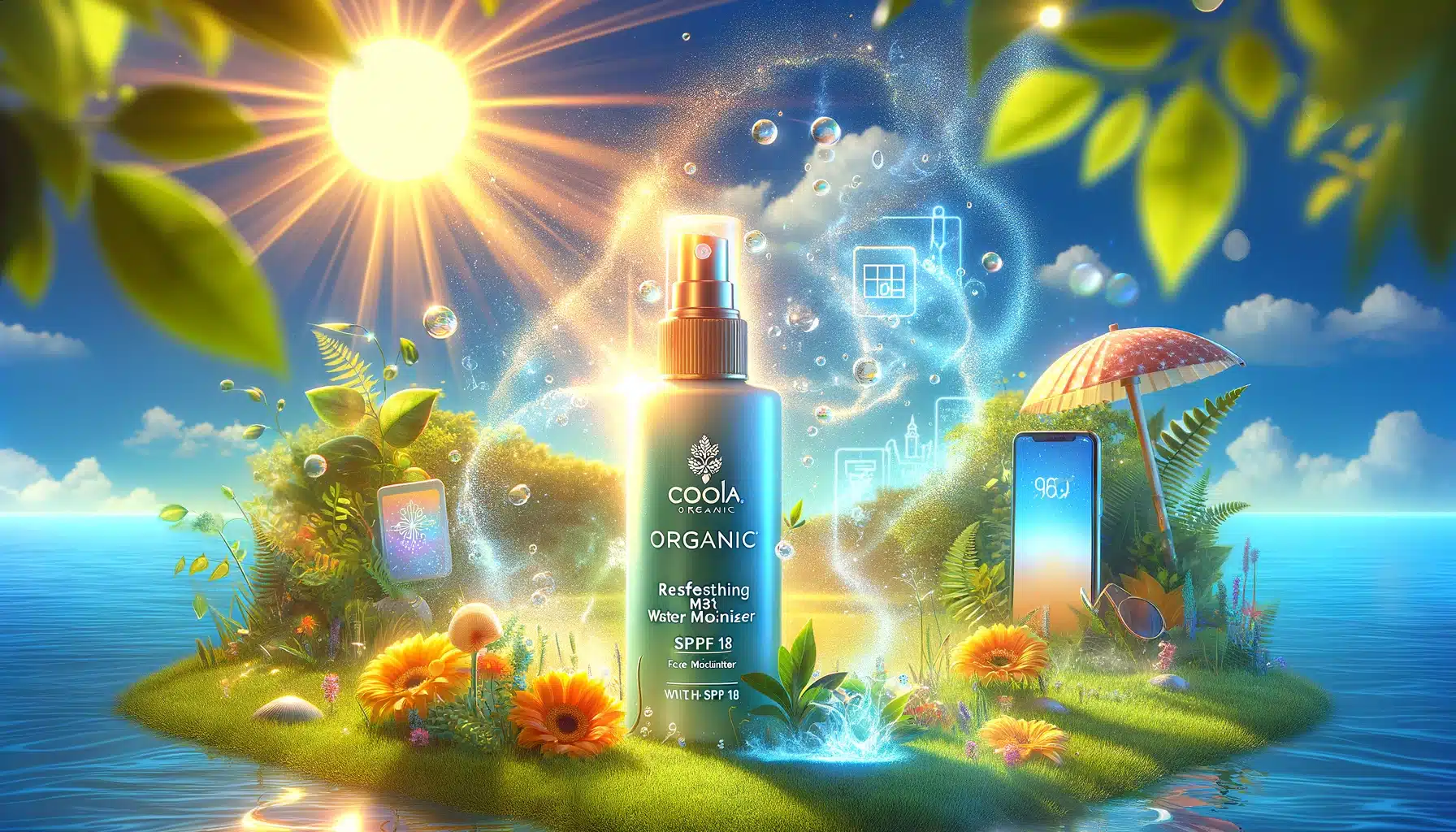 A vibrant and inviting image showcasing the COOLA Organic Refreshing Water Mist Face Moisturizer With SPF 18 in a serene sunny outdoor setting emphasizing its dual protection against the sun and digital screen
