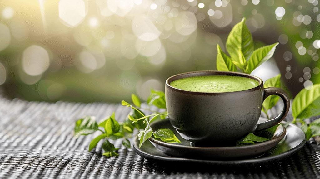 An earth toned cup of Matcha Tea Powder