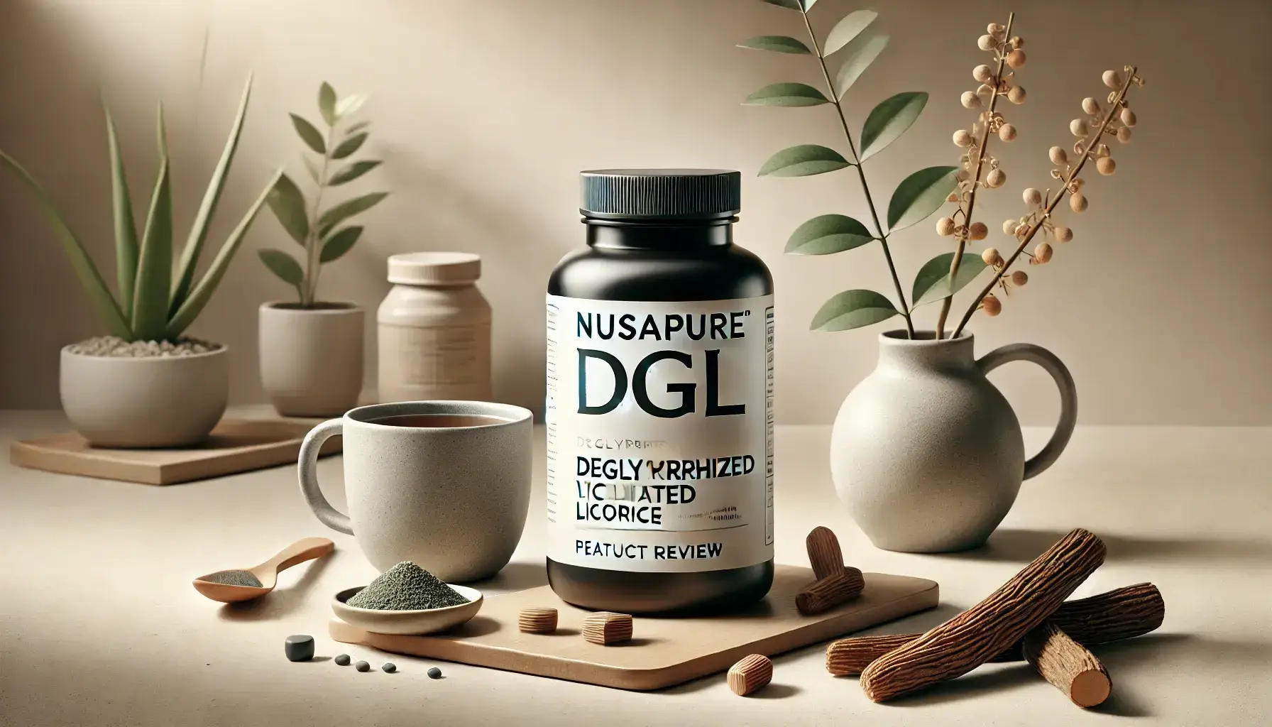 Nusapure DGL supplement bottle with natural licorice roots and a cup of tea in the background.