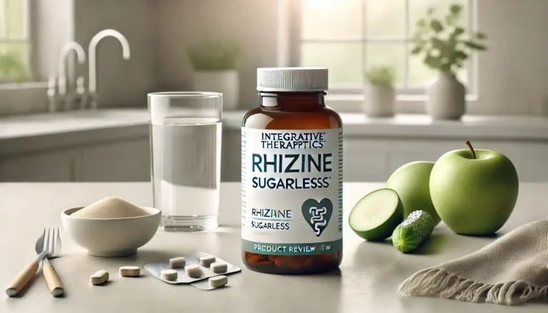 Integrative Therapeutics Rhizinate Sugarless supplement with Essentials Superfood logo in the corner.