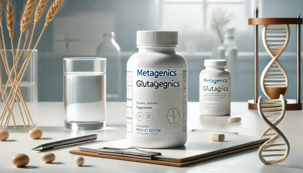 Metagenics Glutagenics bottle on a white countertop with wellness elements in the background.