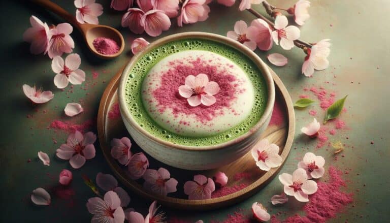 a delicate, pale pink matcha latte in a ceramic bowl, dusted with bright pink matcha powder, surrounded by scattered pink cherry blossoms.