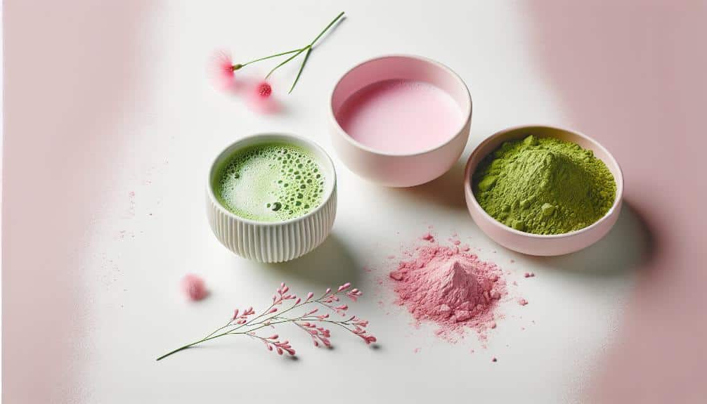 an image of a delicate, pastel-pink powder elegantly sprinkled next to a vibrant green matcha powder, with a steaming cup of frothy, pink liquid nearby, against a clean, minimalist white background.