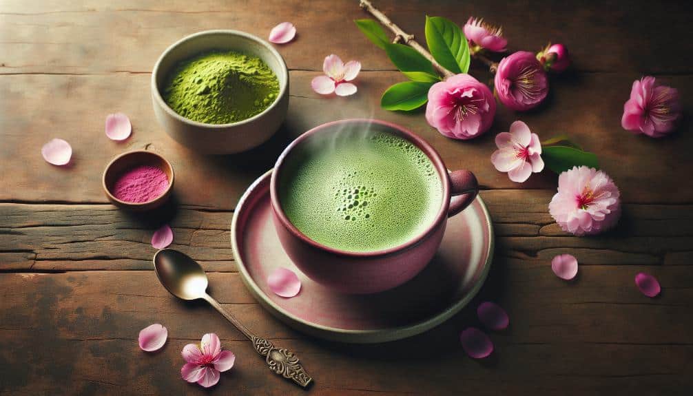 a steaming cup of vibrant pink matcha on a rustic wooden table, accompanied by a small bowl of matcha powder, a teaspoon, and scattered pink flower petals, evoking a sense of tranquility and warmth.