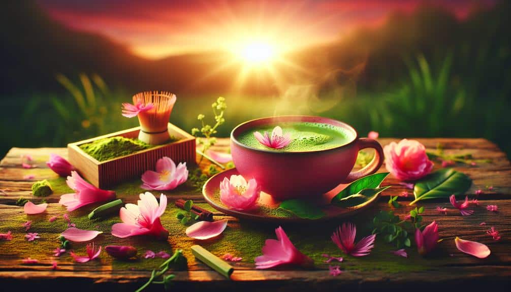 a steaming cup of vibrant pink matcha on a rustic wooden table, beside scattered pink flower petals and fresh greenery, with a glowing sunrise backdrop, evoking vitality and well-being.