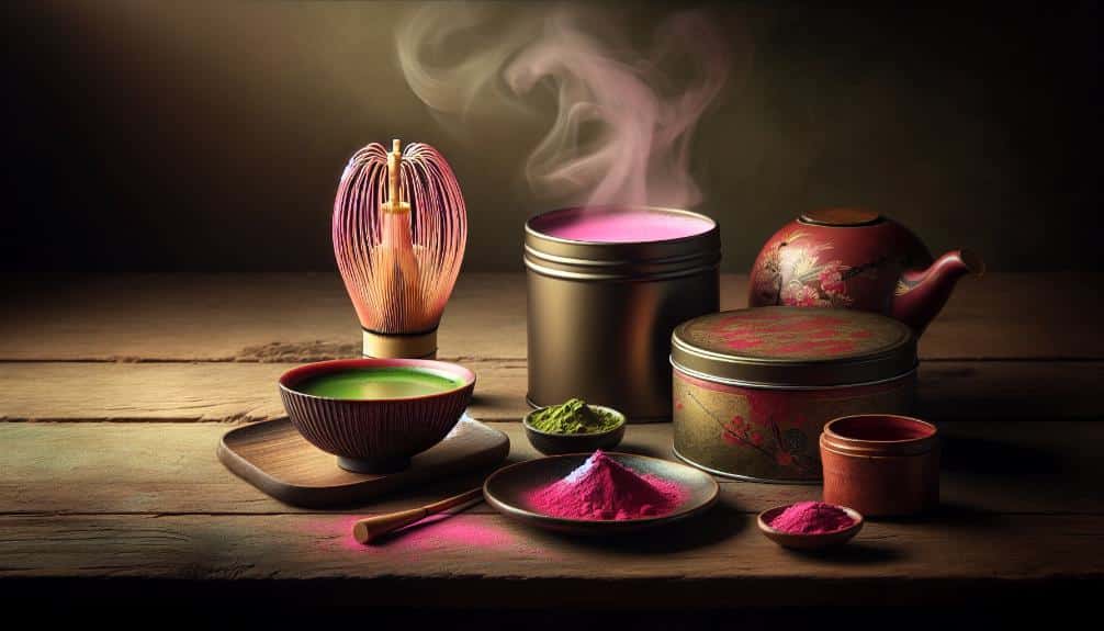 a rustic wooden table with a steaming cup of vibrant pink matcha, a tin of high-quality pink matcha powder, a matching bamboo whisk, and a delicate Japanese tea bowl, all artfully arranged.