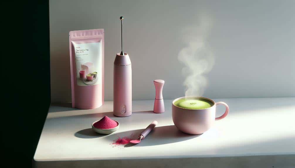 a neatly arranged countertop with a steaming mug of vibrant pink matcha, a ready-to-use pink matcha powder packet, and a compact, electric frother, all against a sleek, white backdrop