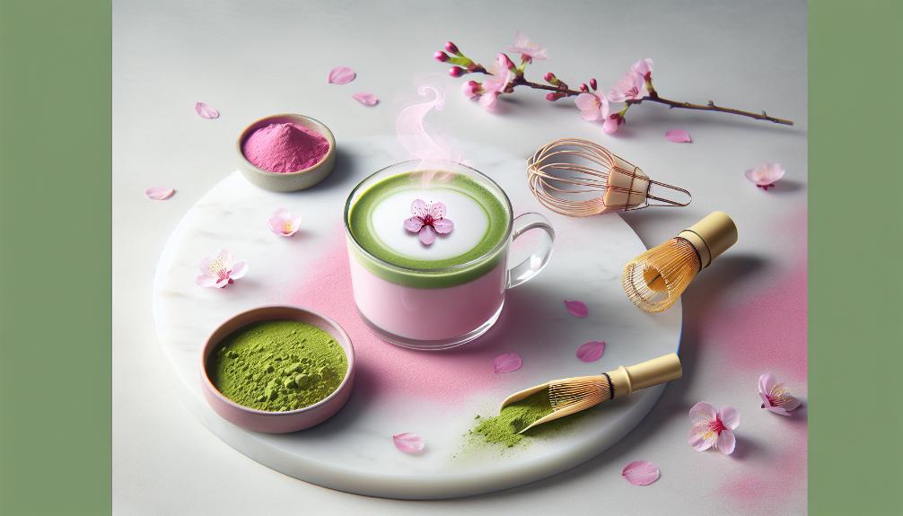 a steaming, pale-pink matcha latte in a glass cup on a white marble counter, with a small bamboo whisk and a tiny scoop of vivid pink matcha powder beside it, surrounded by soft pink cherry blossoms.