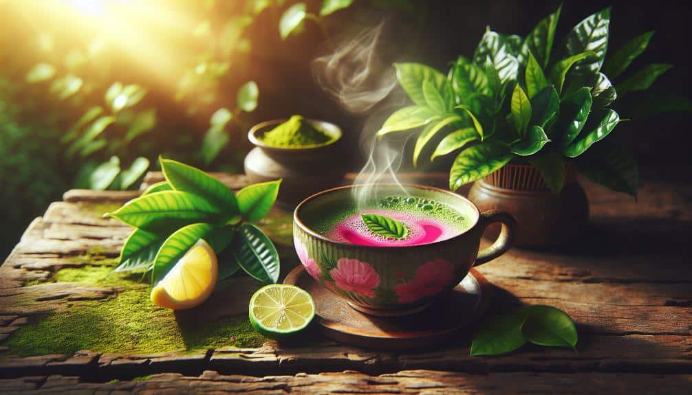 a steaming cup of vibrant pink matcha on a rustic wooden table, surrounded by fresh greenery and a slice of lemon, with soft sunlight highlighting the scene.