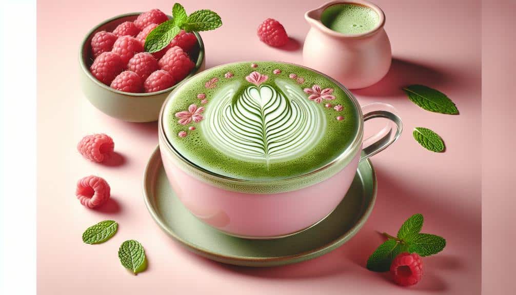 a pastel pink matcha latte in a glass mug, featuring intricate froth art on top, with fresh raspberries and a mint leaf garnish on the side, against a soft pink backdrop.