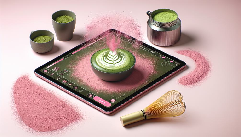 a sleek, modern tablet with a pink matcha latte art interactive simulation, surrounded by a scattering of pink matcha powder and traditional bamboo whisk.