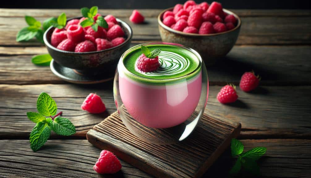 a vibrant pink matcha latte in a glass cup, with a swirl of cream, on a rustic wooden table beside a bowl of fresh raspberries and a sprig of mint.