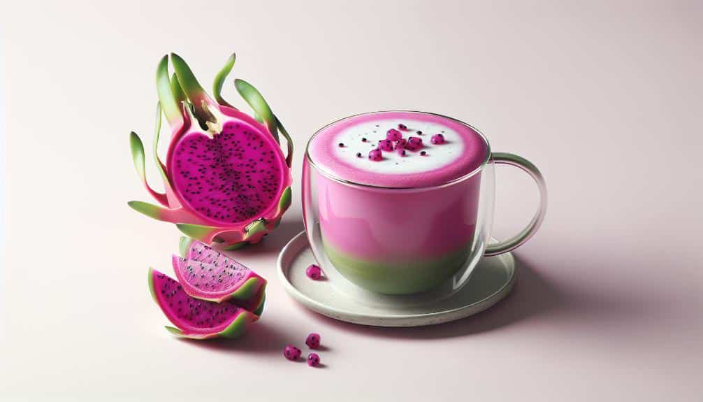 a vibrant pink matcha latte in a glass cup, with a slice of fresh, magenta-skinned dragon fruit resting on the saucer, both set against a clean, white backdrop.