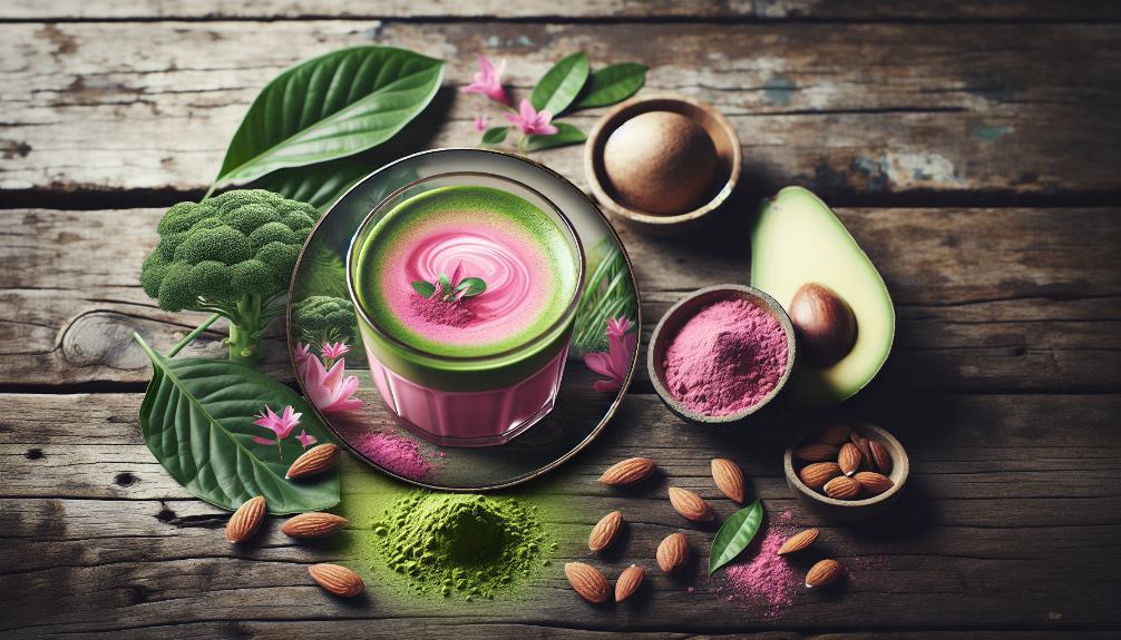 a vibrant pink matcha latte in a glass cup, beside a scatter of pink matcha powder, almonds, and a sliced avocado on a rustic wooden table, with a lush green plant in the background.