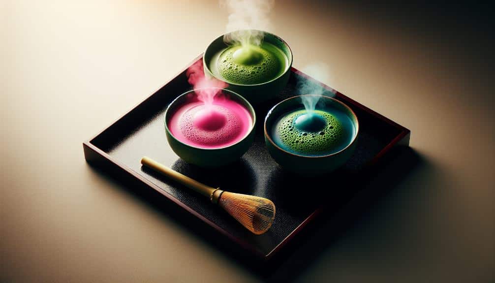 three steaming matcha bowls side by side, each with a different vivid color: pink, green, and blue, with a small bamboo whisk resting on a sleek, black tray.