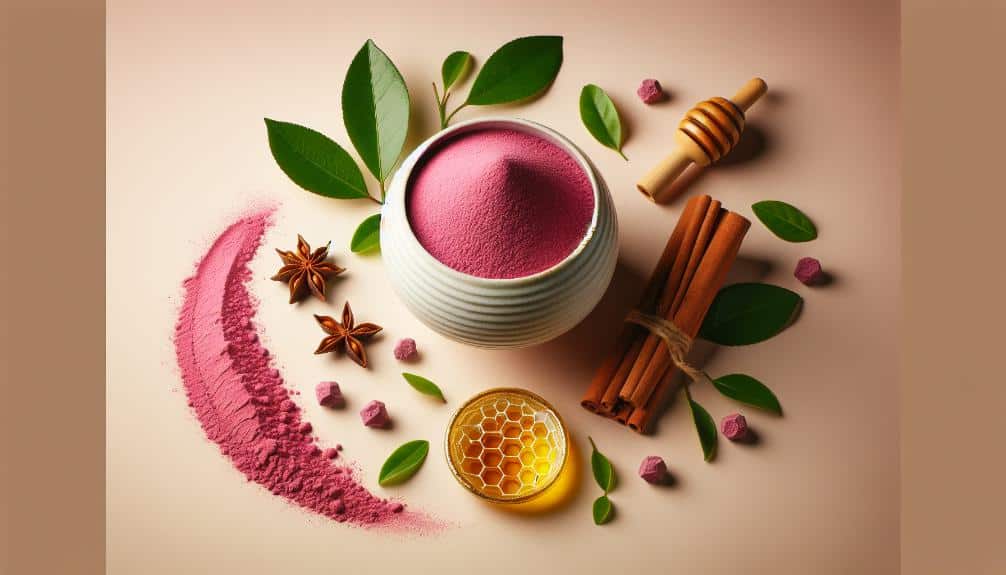 a vibrant, dusty pink matcha powder being poured into a bright, white ceramic bowl surrounded by cinnamon sticks, star anise, fresh green leaves, and a slice of golden honeycomb.