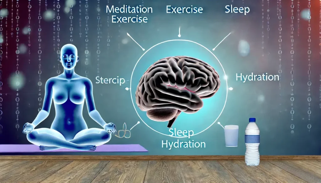 Meditation, exercise, and sleep representing key factors for optimal brain health beyond diet.