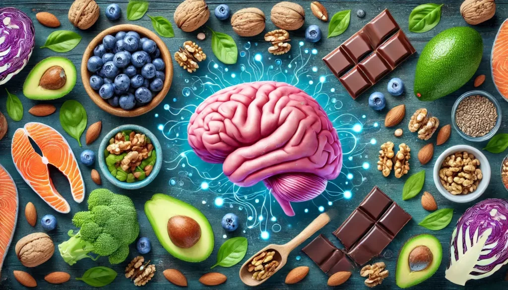 Blueberries, walnuts, salmon, and avocados symbolizing brain-healthy recipes for seniors.