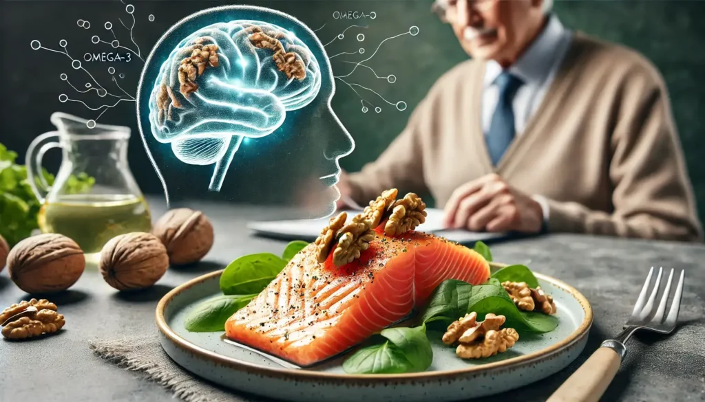 Walnut-crusted salmon fillet symbolizing brain-boosting omega-3 and walnut benefits for seniors symbolizing brain-healthy recipes for seniors.