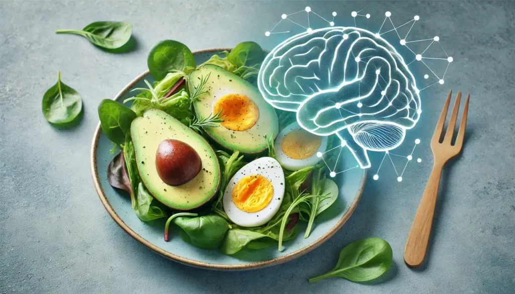 Avocado and egg salad with leafy greens symbolizing brain-boosting healthy fats for seniors.