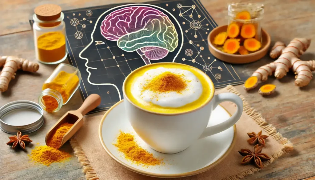 Turmeric latte in a mug symbolizing the brain-boosting benefits of turmeric symbolizing brain-healthy recipes for seniors.