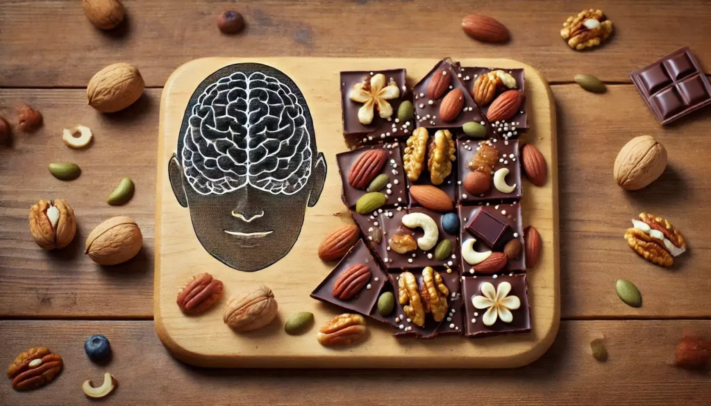 Dark chocolate bark with nuts and seeds symbolizing brain-boosting benefits for seniors. Symbolizing brain-healthy recipes for seniors.