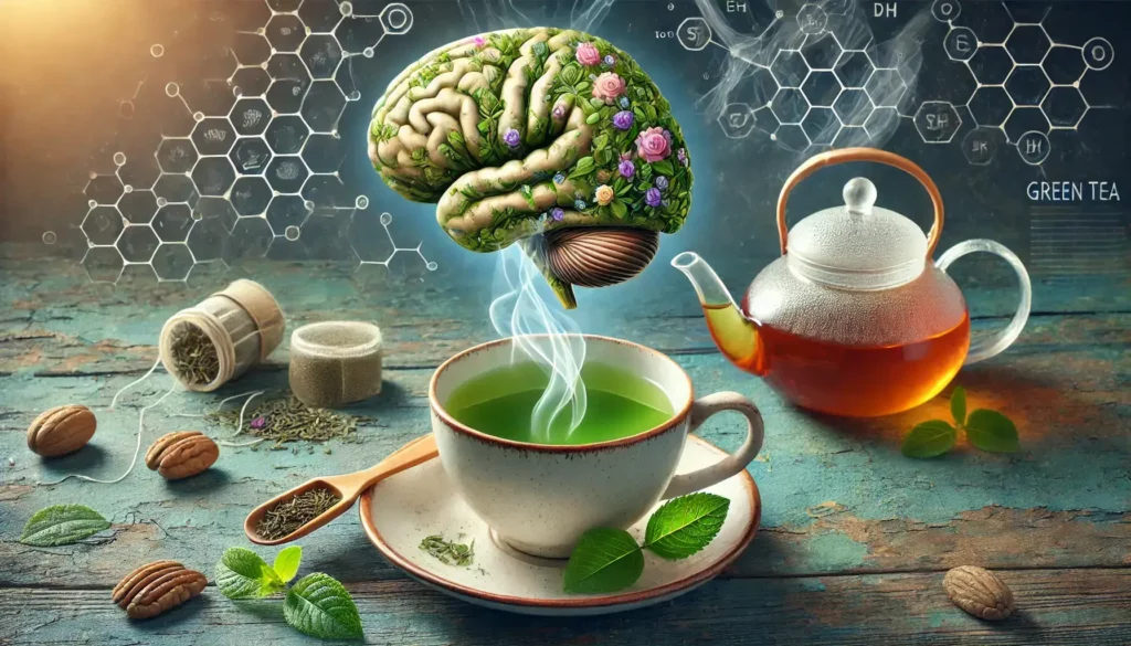 Green tea cup with steam highlighting its antioxidants and brain-boosting benefits.