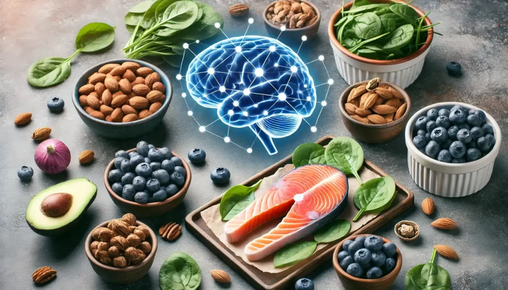 Salmon, blueberries, spinach, and nuts symbolizing brain-boosting superfoods for cognitive health.