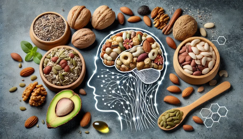 Mixed nuts and seeds showing their omega-3 content for boosting brain power.