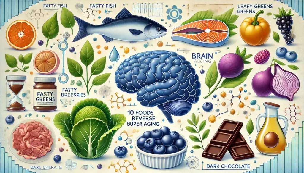 Illustrations of brain-boosting superfoods like fatty fish, blueberries, and leafy greens promoting cognitive health.