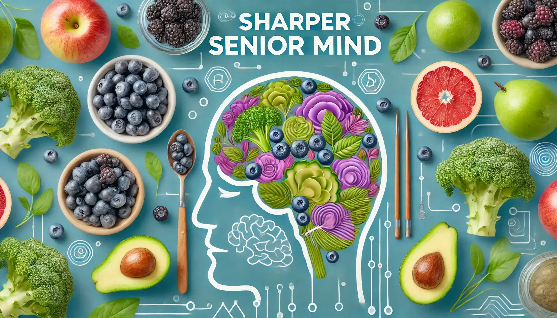 Blueberries, avocados, and leafy greens symbolizing brain health and cognitive vitality for seniors.