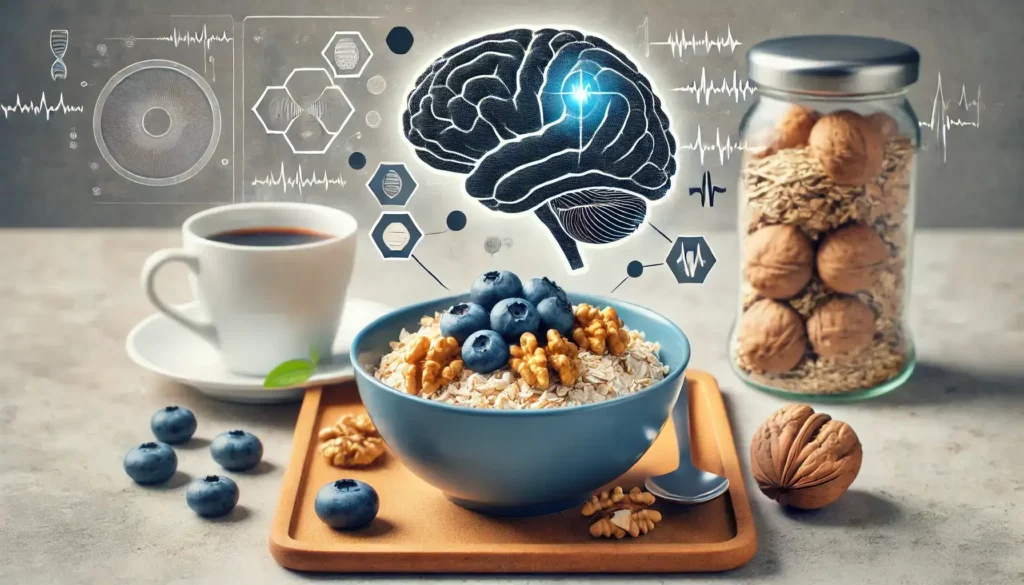 Oatmeal with blueberries and walnuts symbolizing a brain-boosting breakfast for a sharper senior mind.