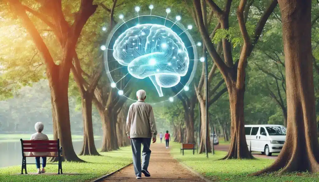 A senior walking in a park symbolizing the brain-boosting benefits of regular exercise for a Sharper Senior Mind.