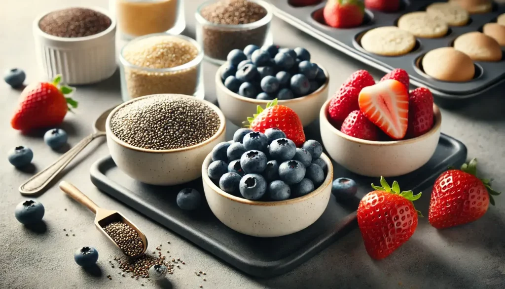 highlighting chia seeds, quinoa, and berries arranged in a clean, meal-prep style setting.