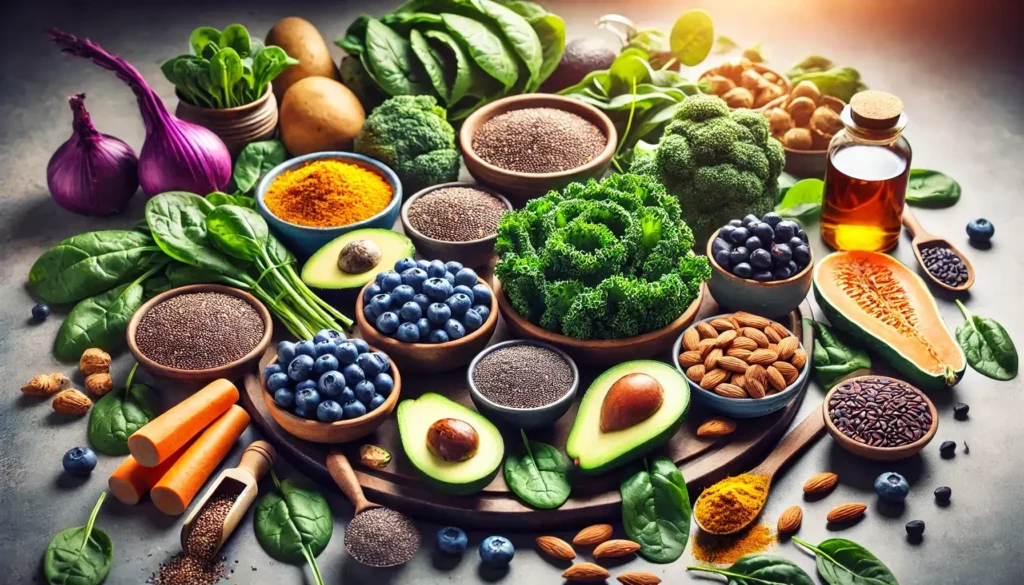 showcasing a variety of the top 10 nutrient-rich superfoods such as kale, blueberries, chia seeds, quinoa, and more.