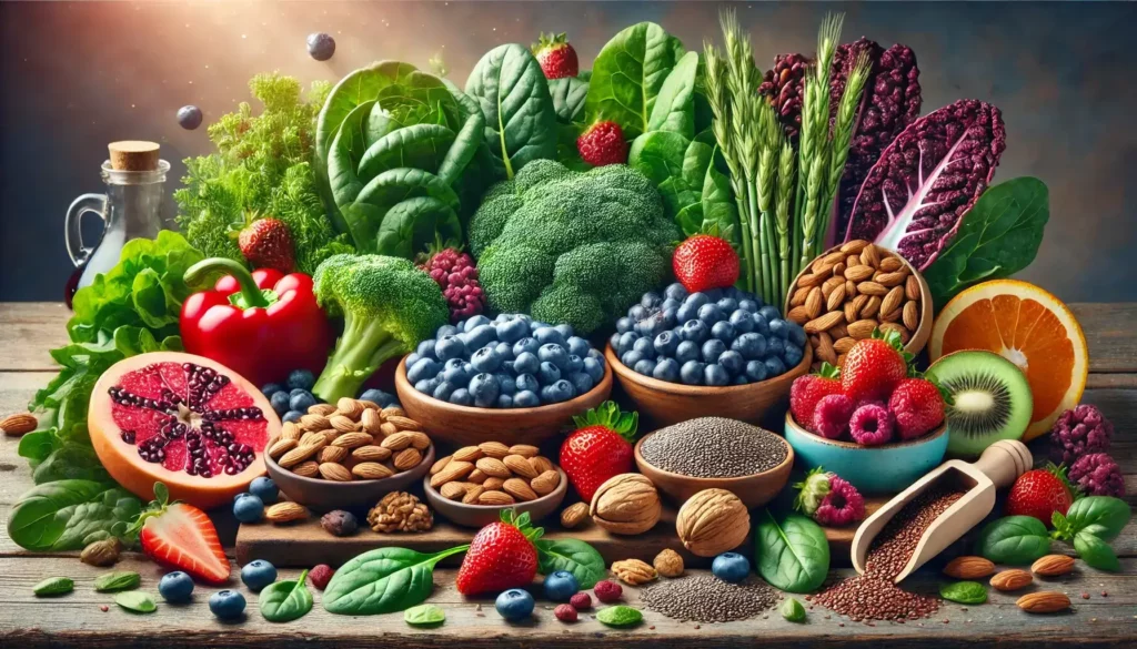 a vibrant, colorful display of essential superfoods, including leafy greens, berries, nuts, and seeds.