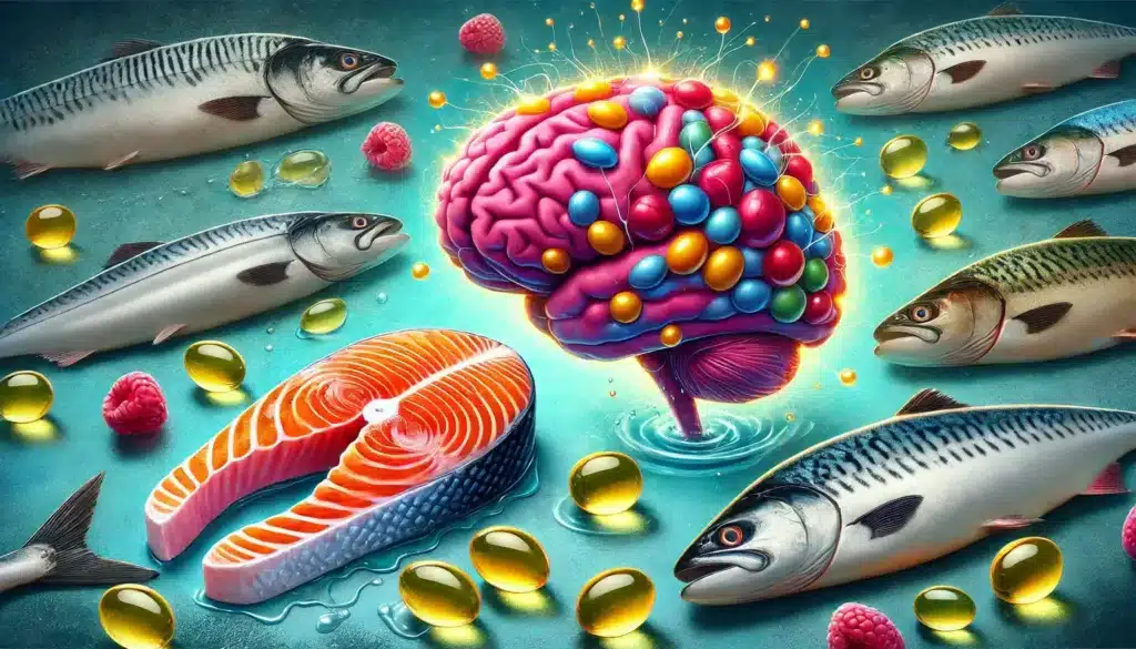 Reverse Brain Aging with salmon and mackerel representing brain-boosting omega-3 fatty acids.