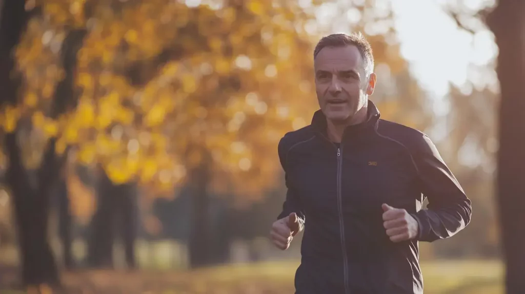 A healthy middle-aged individual jogging in a park, symbolizing cardiovascular wellness and vitality.