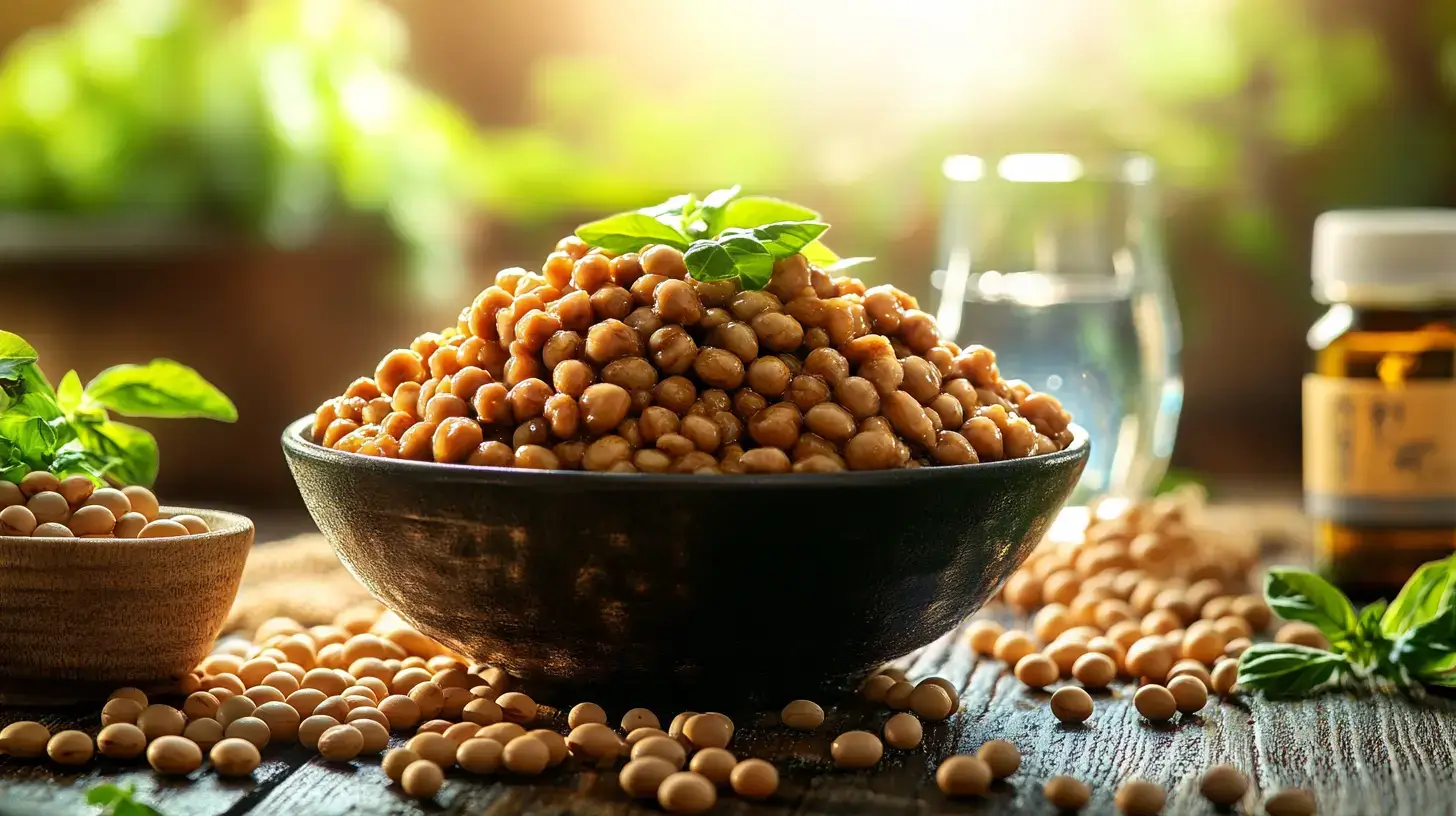 a bowl of traditional Japanese natto on a rustic wooden table, surrounded by fresh soybeans, a glass of water, and a bottle of nattokinase supplements.